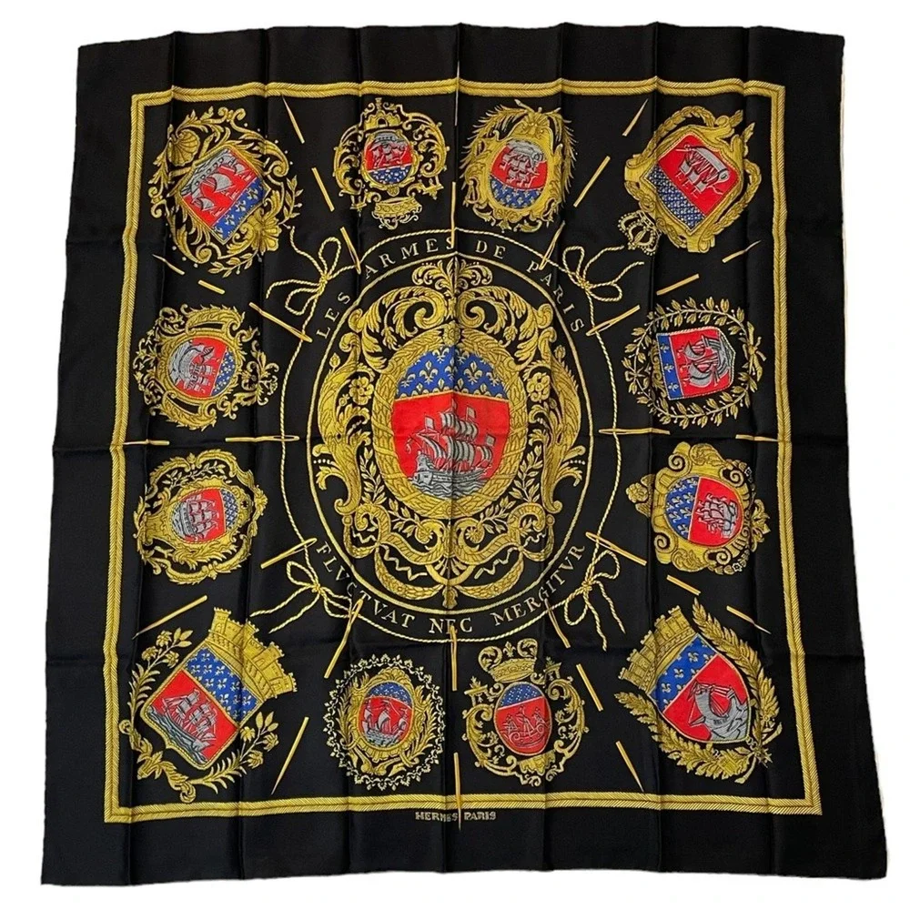 Hermes Les Armes de Paris Silk Scarf Womens Black Gold Coat of Arms Authentic